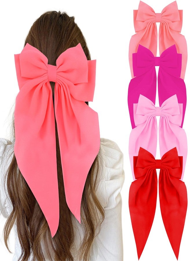 KICOSY 4 Pack Large Satin Bow Hair Clips - Vibrant Red, Pink, Light Pink & Hot Pink, Stylish Hair Accessories for Galentine, Valentine's Day & Daily Looks - Image 1